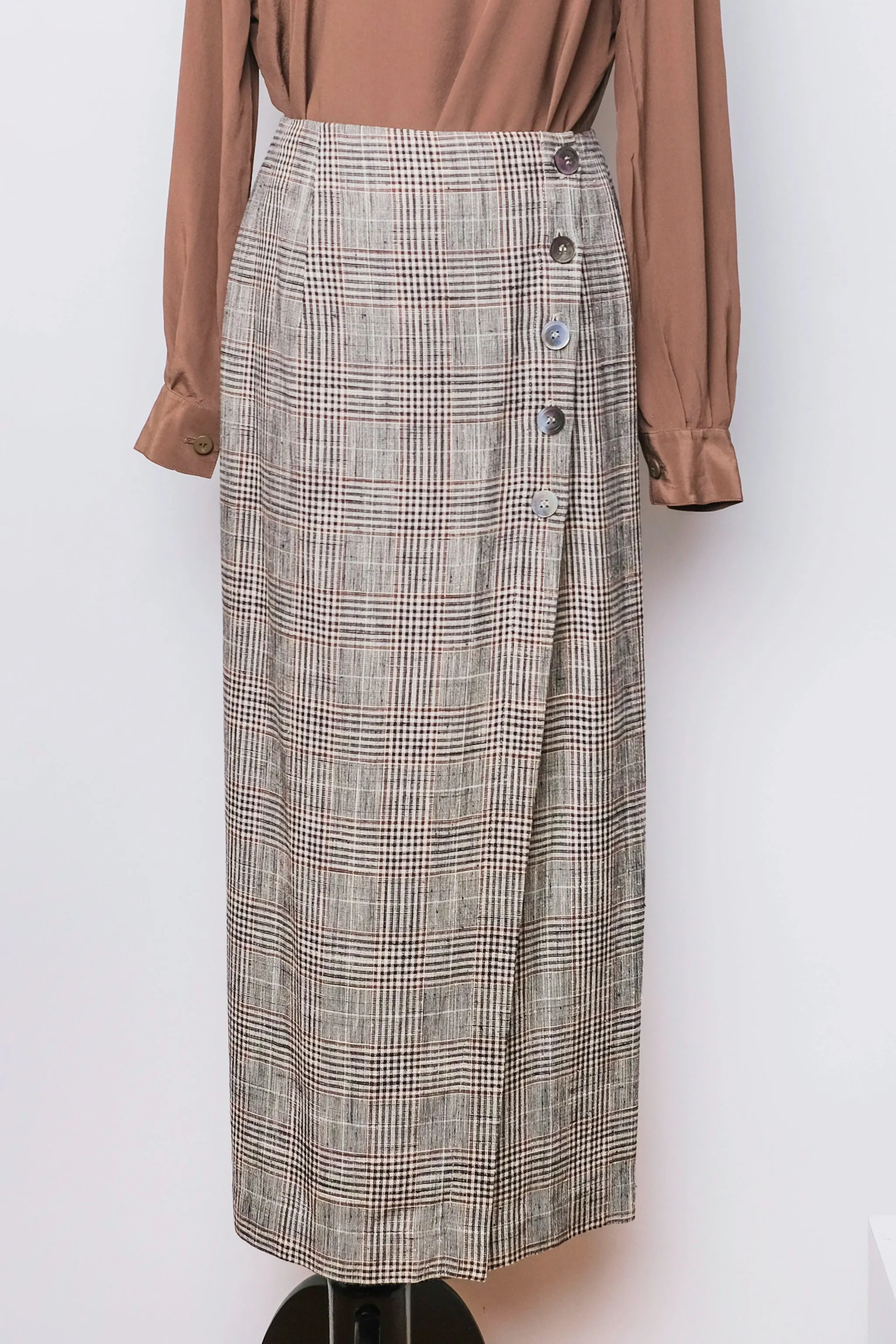 Plaid Brown Linen Blend Midi Skirt US 8, 80's Karen Kane