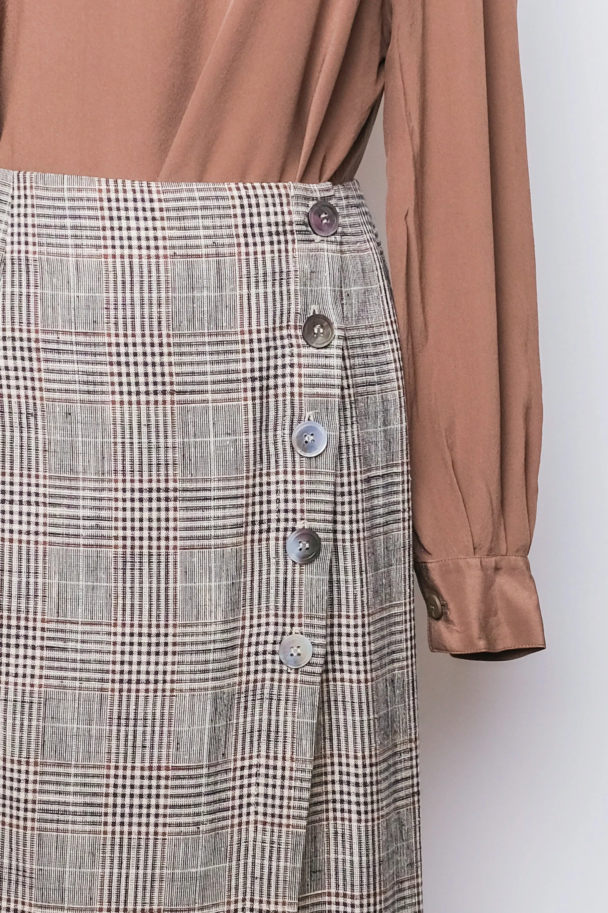 Plaid Brown Linen Blend Midi Skirt US 8, 80's Karen Kane