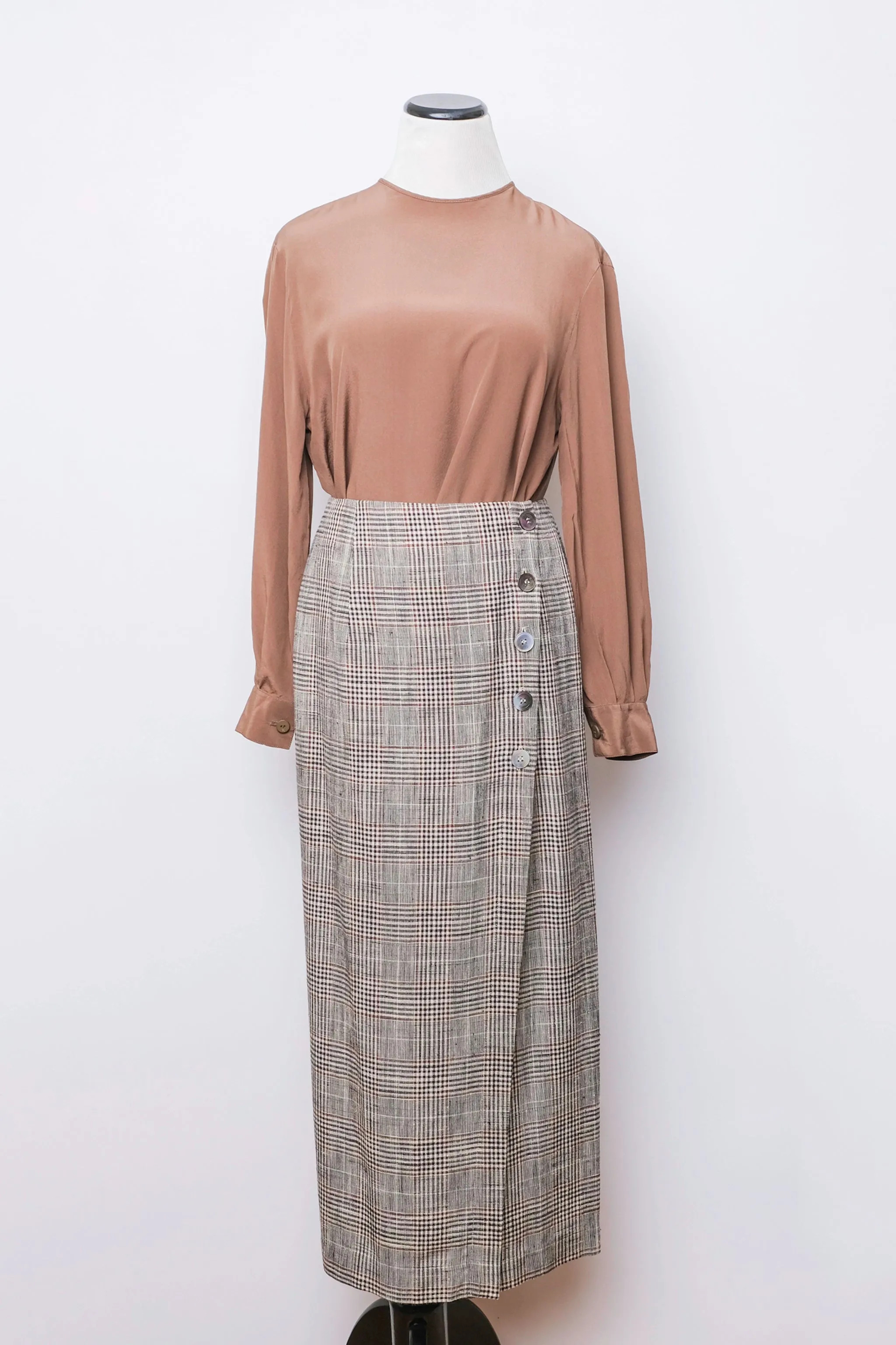 Plaid Brown Linen Blend Midi Skirt US 8, 80's Karen Kane