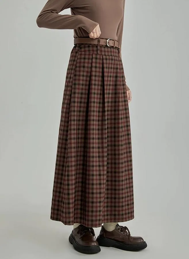 Plaid Pleated Maxi Skirt with Elastic Waist