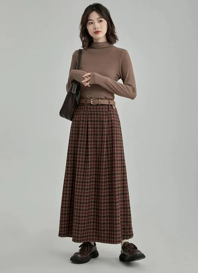 Plaid Pleated Maxi Skirt with Elastic Waist