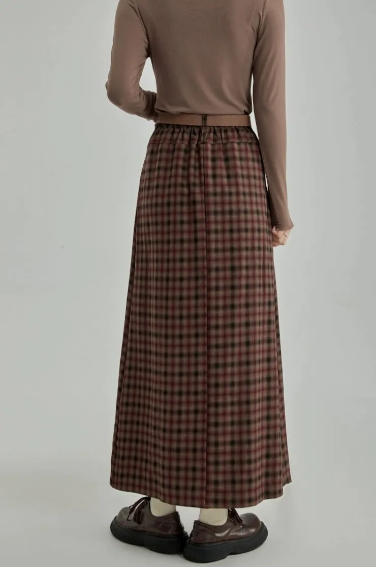 Plaid Pleated Maxi Skirt with Elastic Waist