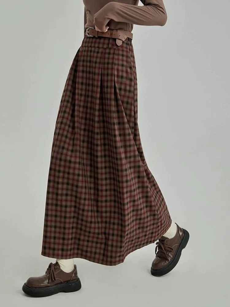 Plaid Pleated Maxi Skirt with Elastic Waist