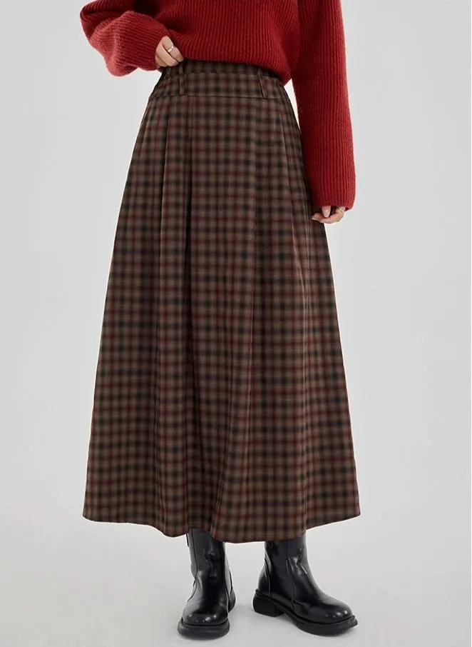 Plaid Pleated Maxi Skirt with Elastic Waist