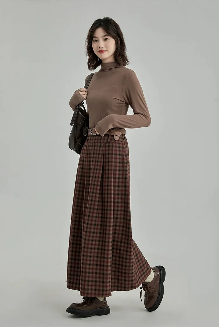 Plaid Pleated Maxi Skirt with Elastic Waist