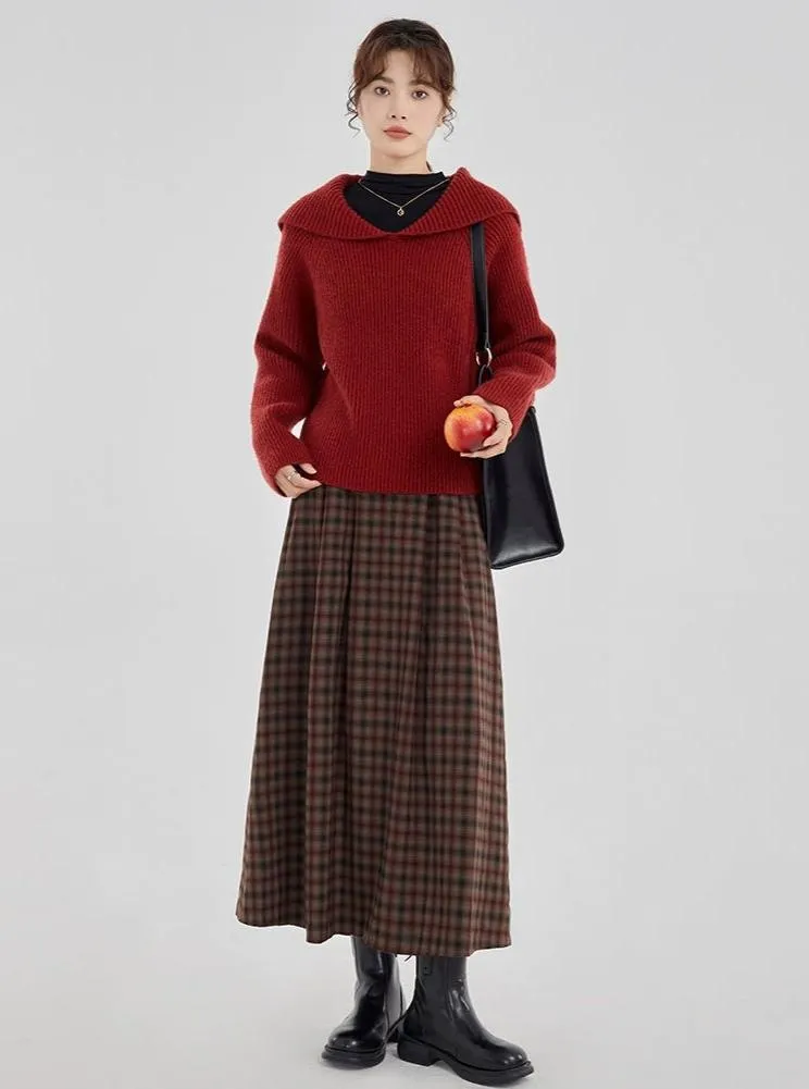 Plaid Pleated Maxi Skirt with Elastic Waist