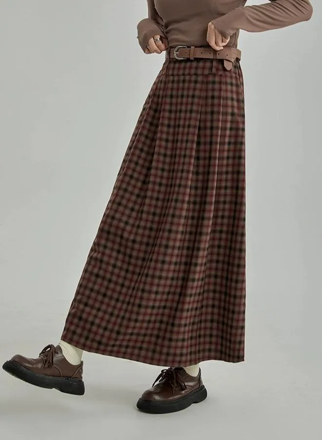 Plaid Pleated Maxi Skirt with Elastic Waist