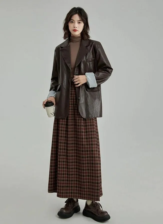 Plaid Pleated Maxi Skirt with Elastic Waist