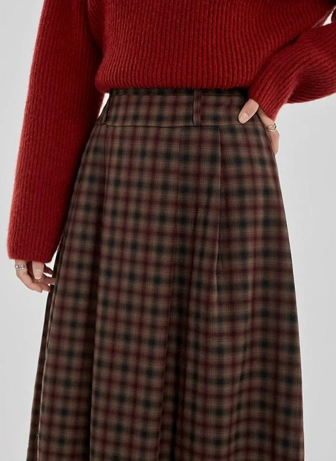 Plaid Pleated Maxi Skirt with Elastic Waist