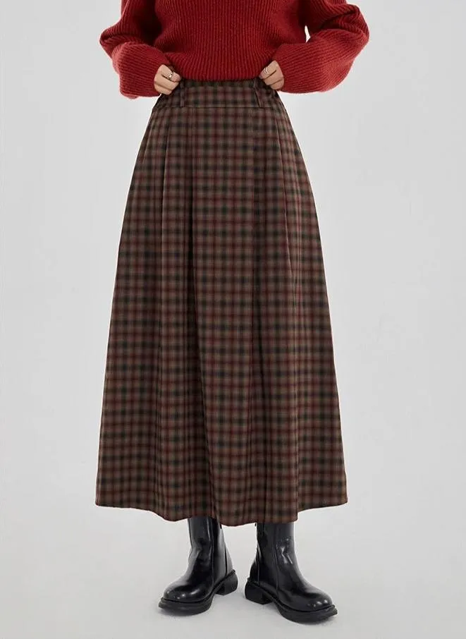 Plaid Pleated Maxi Skirt with Elastic Waist