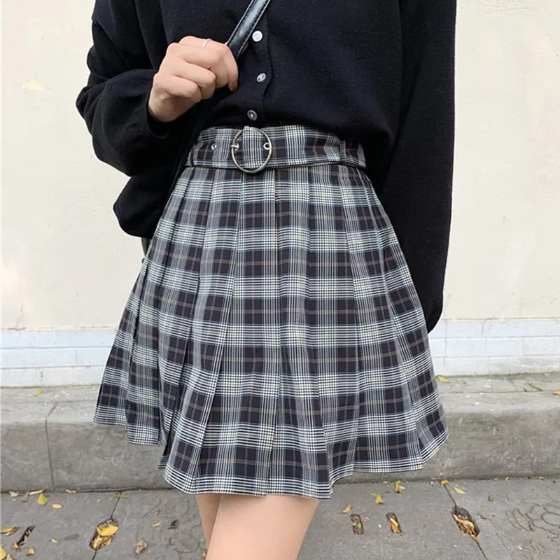 Plaid Pleated Mini Skirts Harajuku Grunge Gothic Streetwear High Waist Retro Dress