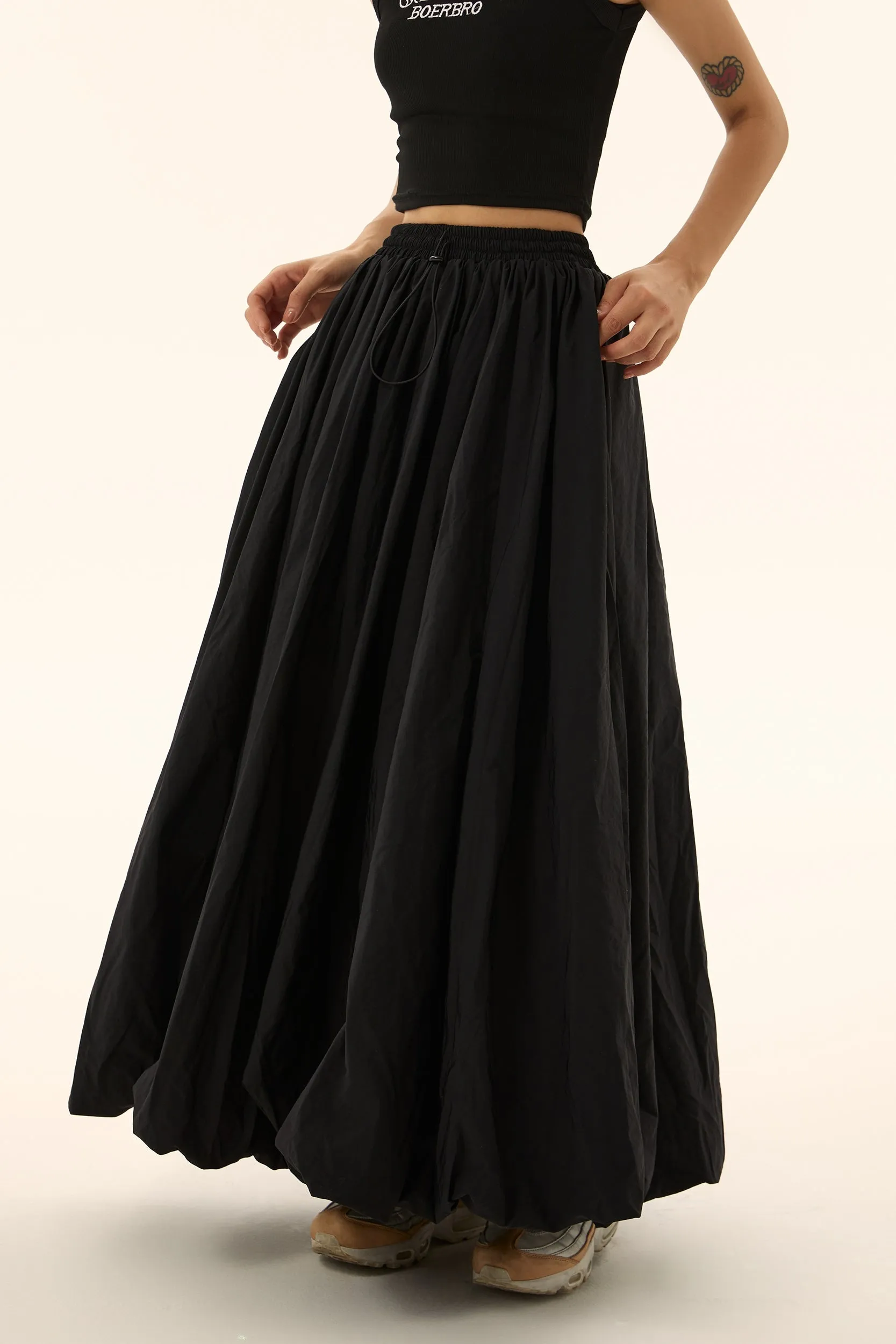 Pleated Maxi Balloon Skirt with Elastic Waistband