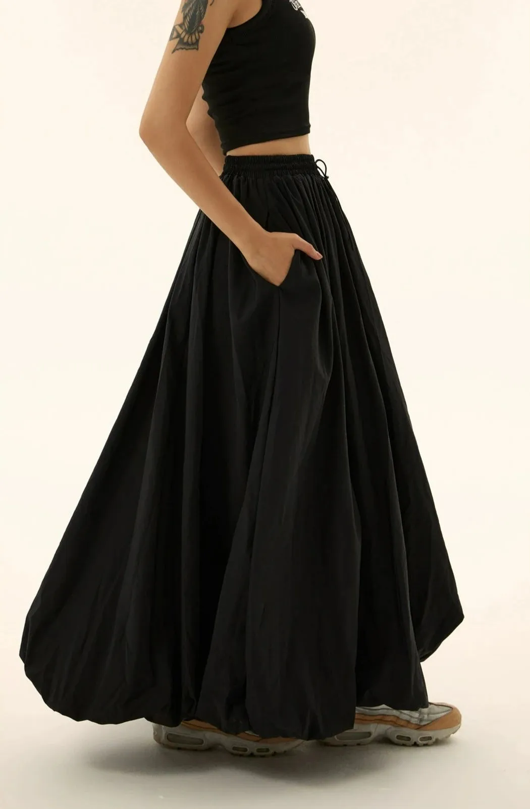 Pleated Maxi Balloon Skirt with Elastic Waistband