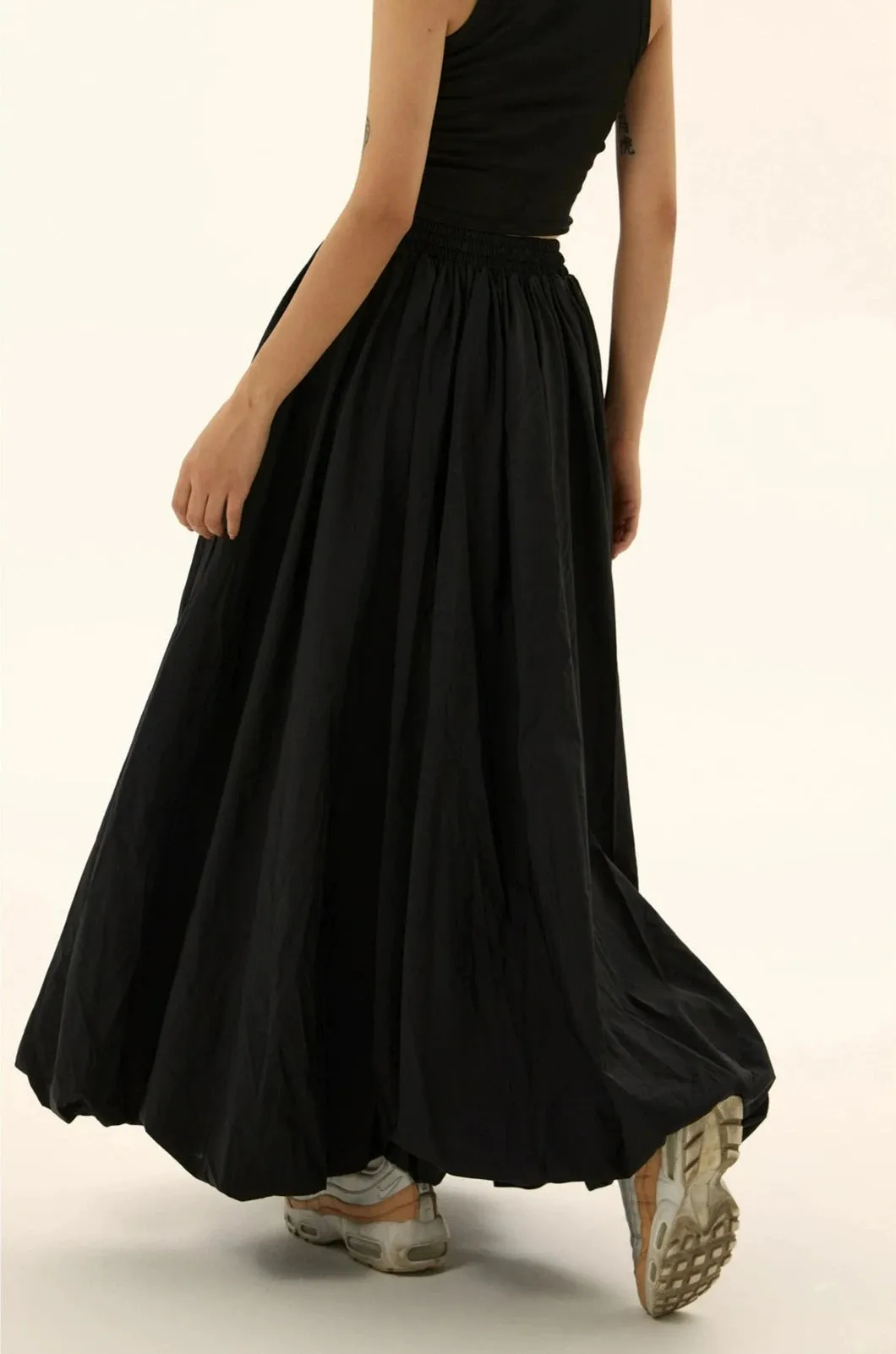 Pleated Maxi Balloon Skirt with Elastic Waistband