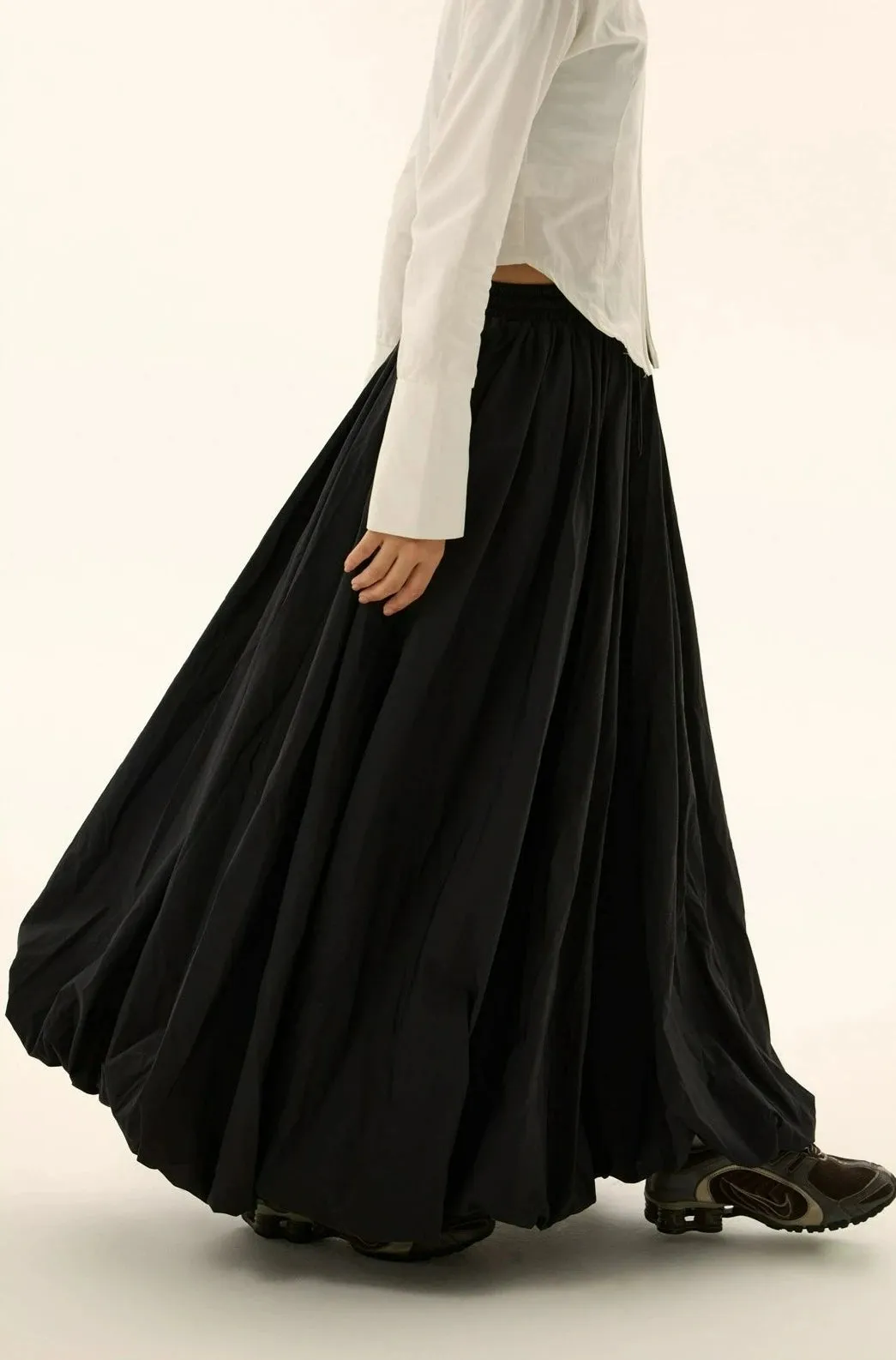 Pleated Maxi Balloon Skirt with Elastic Waistband