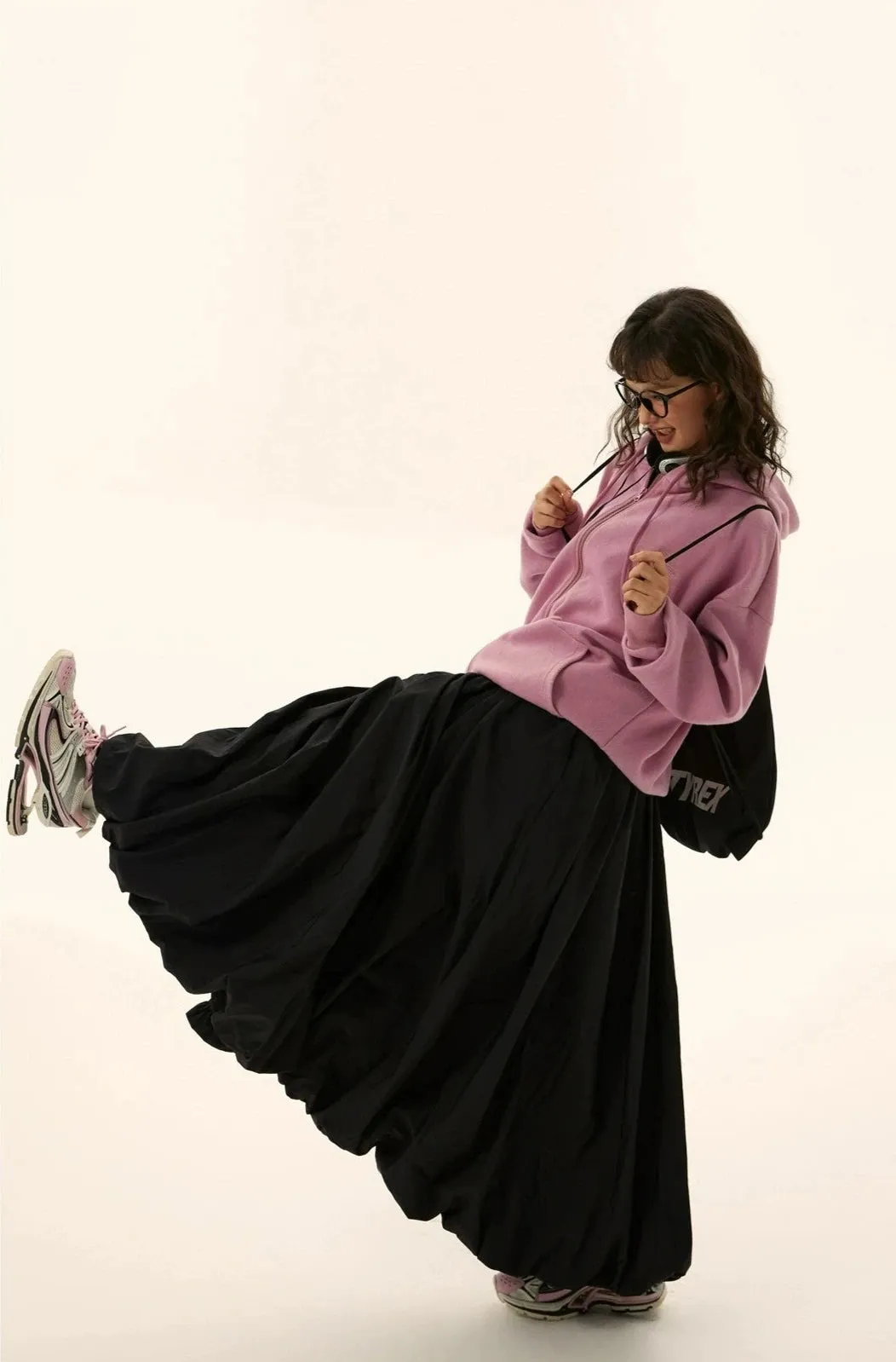 Pleated Maxi Balloon Skirt with Elastic Waistband