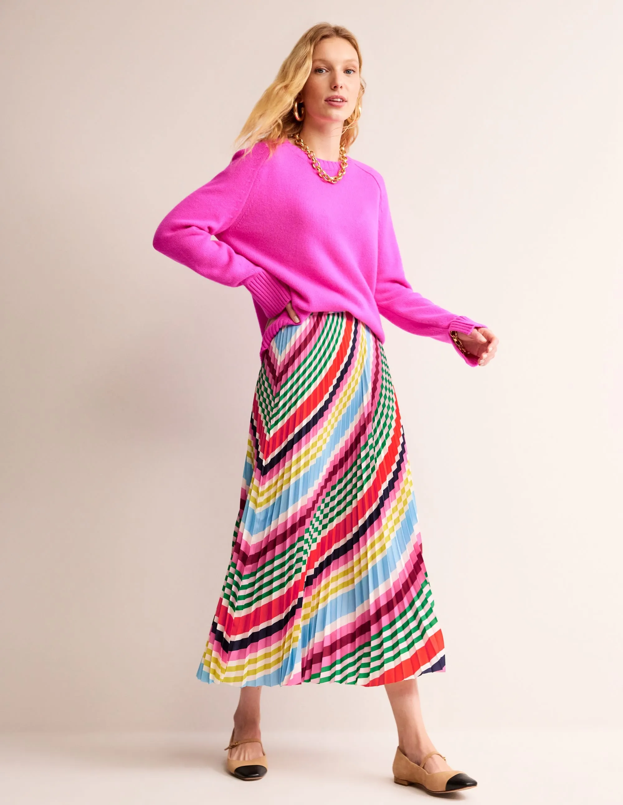 Pleated Midi Skirt-Varigated Multistripe