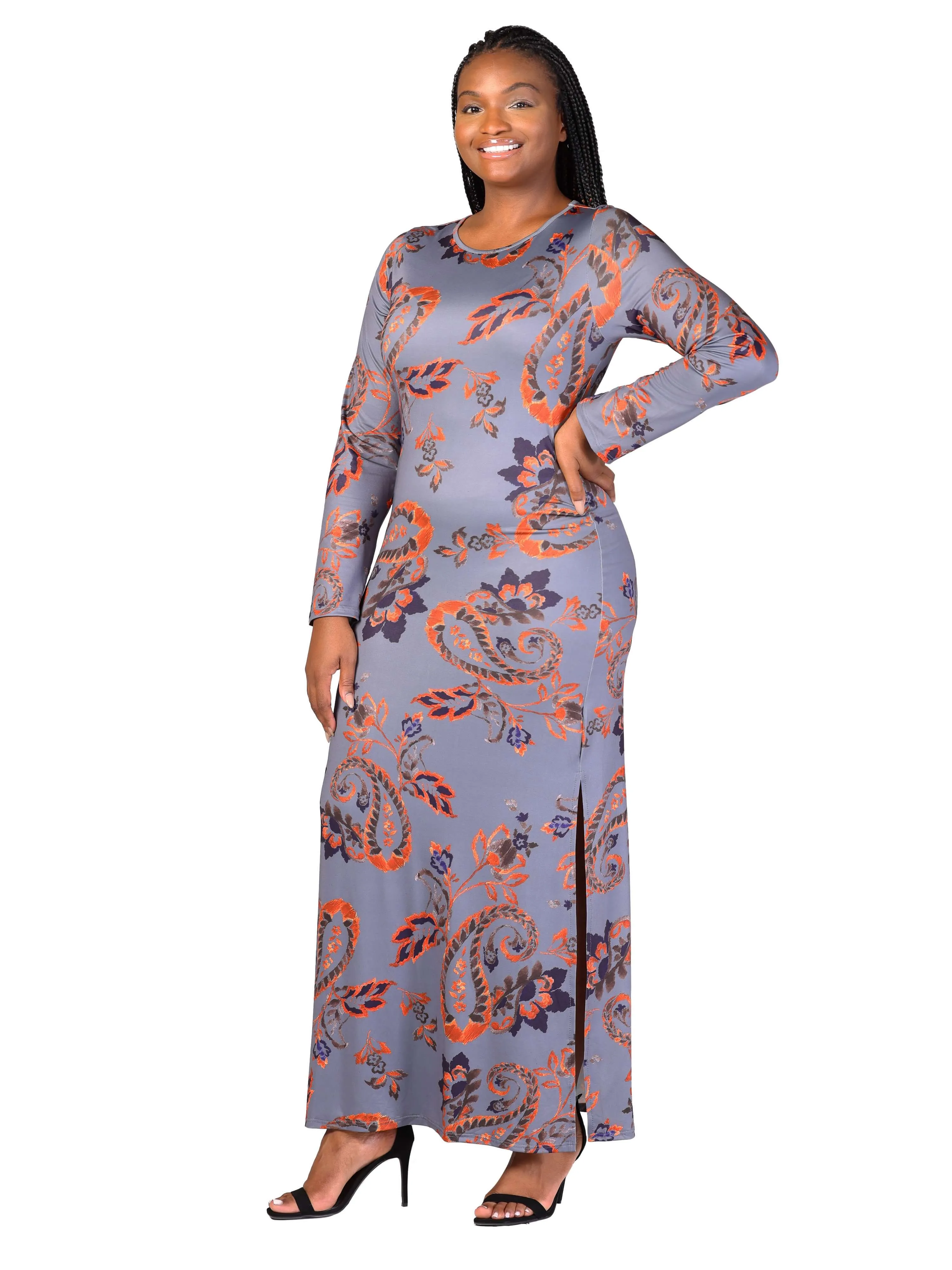 Plus Size Grey Long Sleeve Side Slit Fitted Maxi Dress