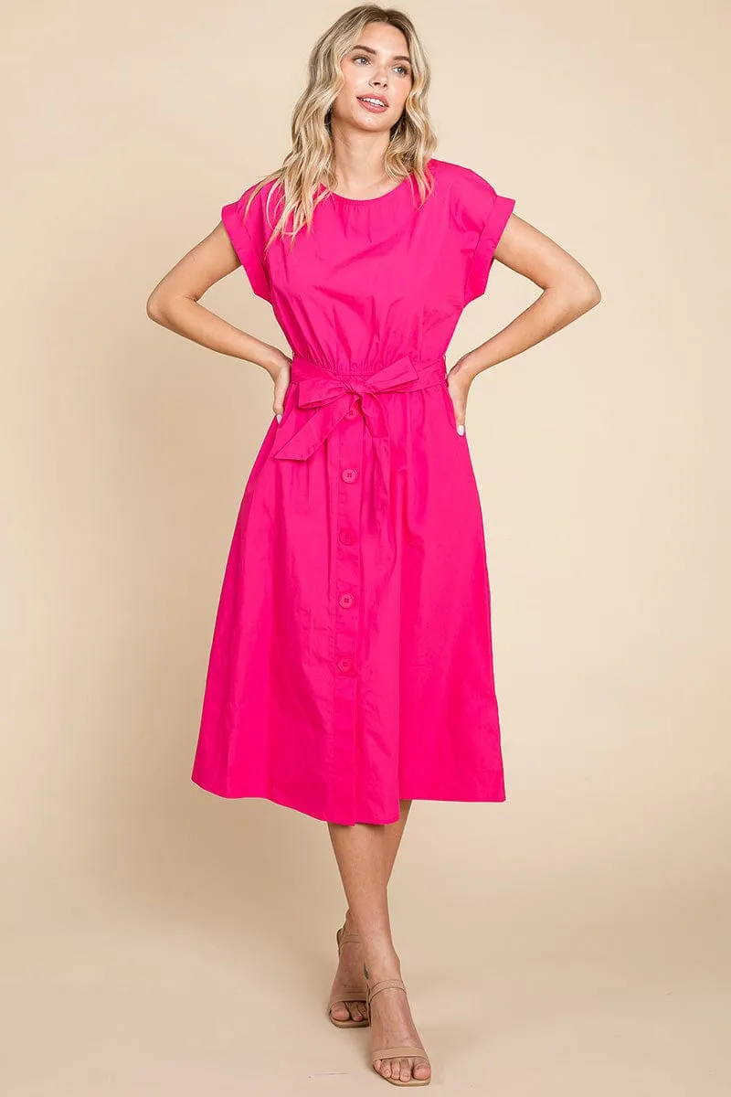 Poplin Pocketed Self Tie Waist Shirt Dress