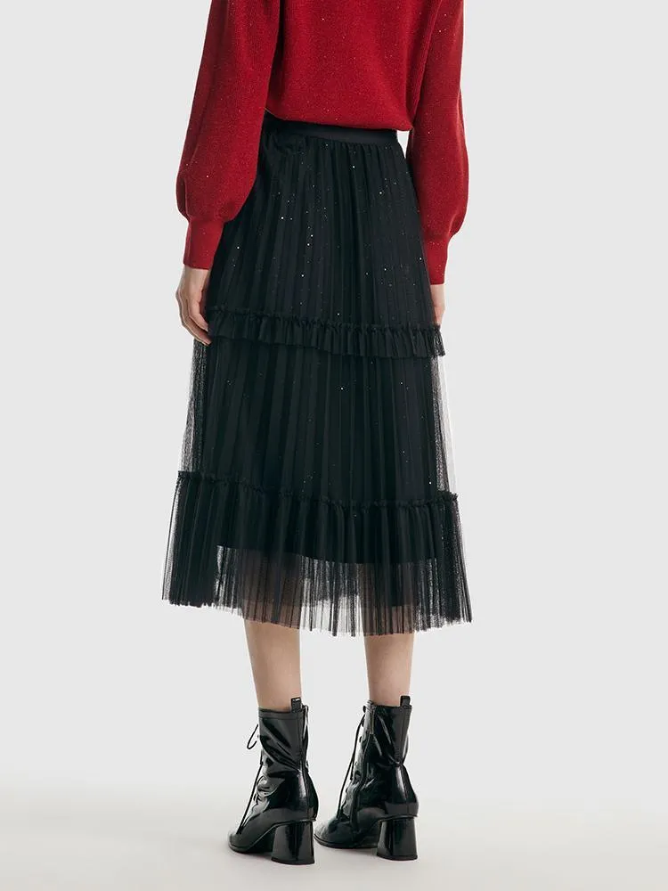 Pressed Pleated Mesh Skirt