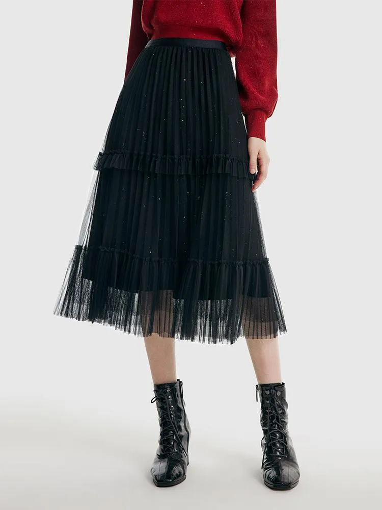 Pressed Pleated Mesh Skirt