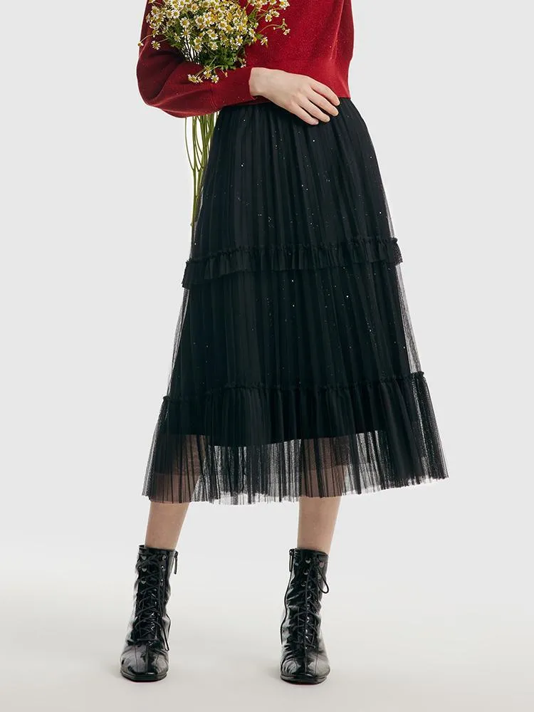 Pressed Pleated Mesh Skirt