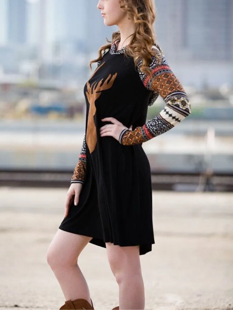 Print Elk Hooded Stitching Christmas Mini Dress