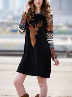 Print Elk Hooded Stitching Christmas Mini Dress