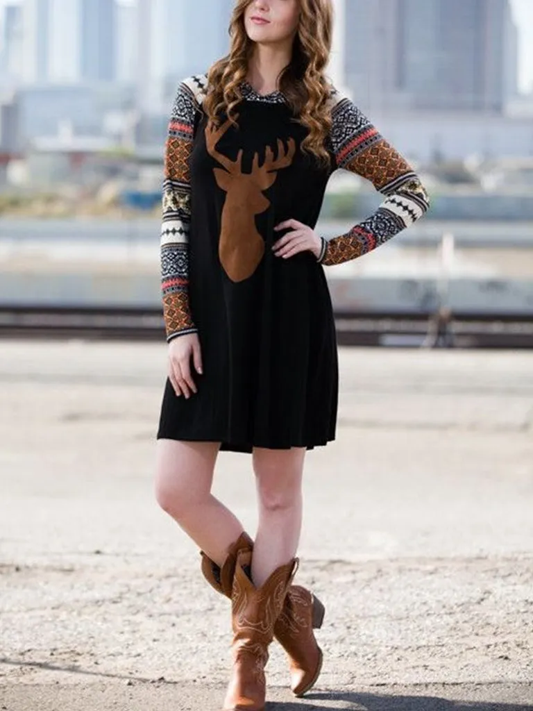 Print Elk Hooded Stitching Christmas Mini Dress