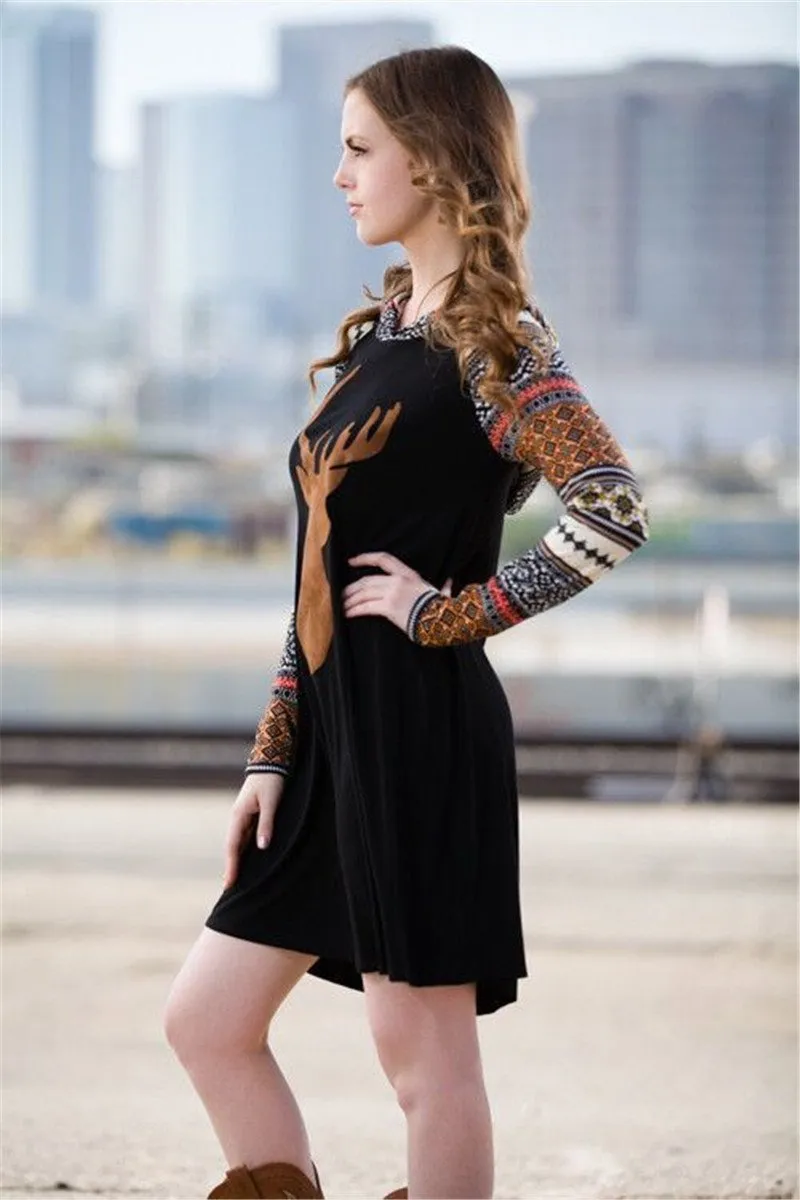 Print Elk Hooded Stitching Christmas Mini Dress