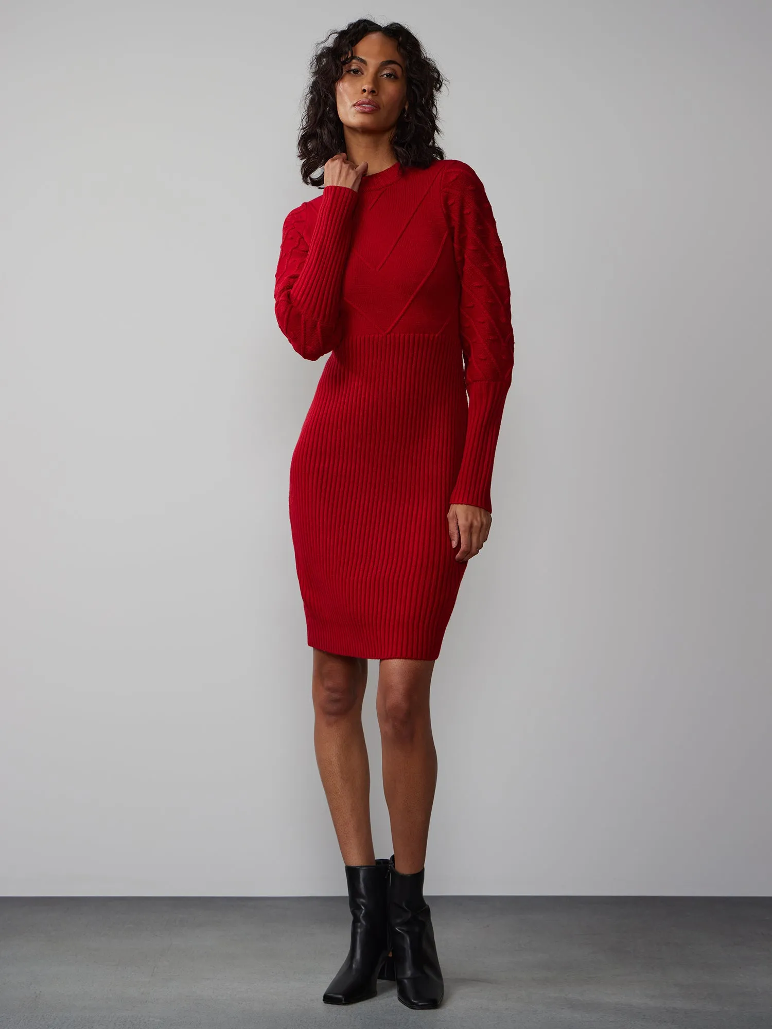 Puff Sleeve Bobble Knit Sweater Dress