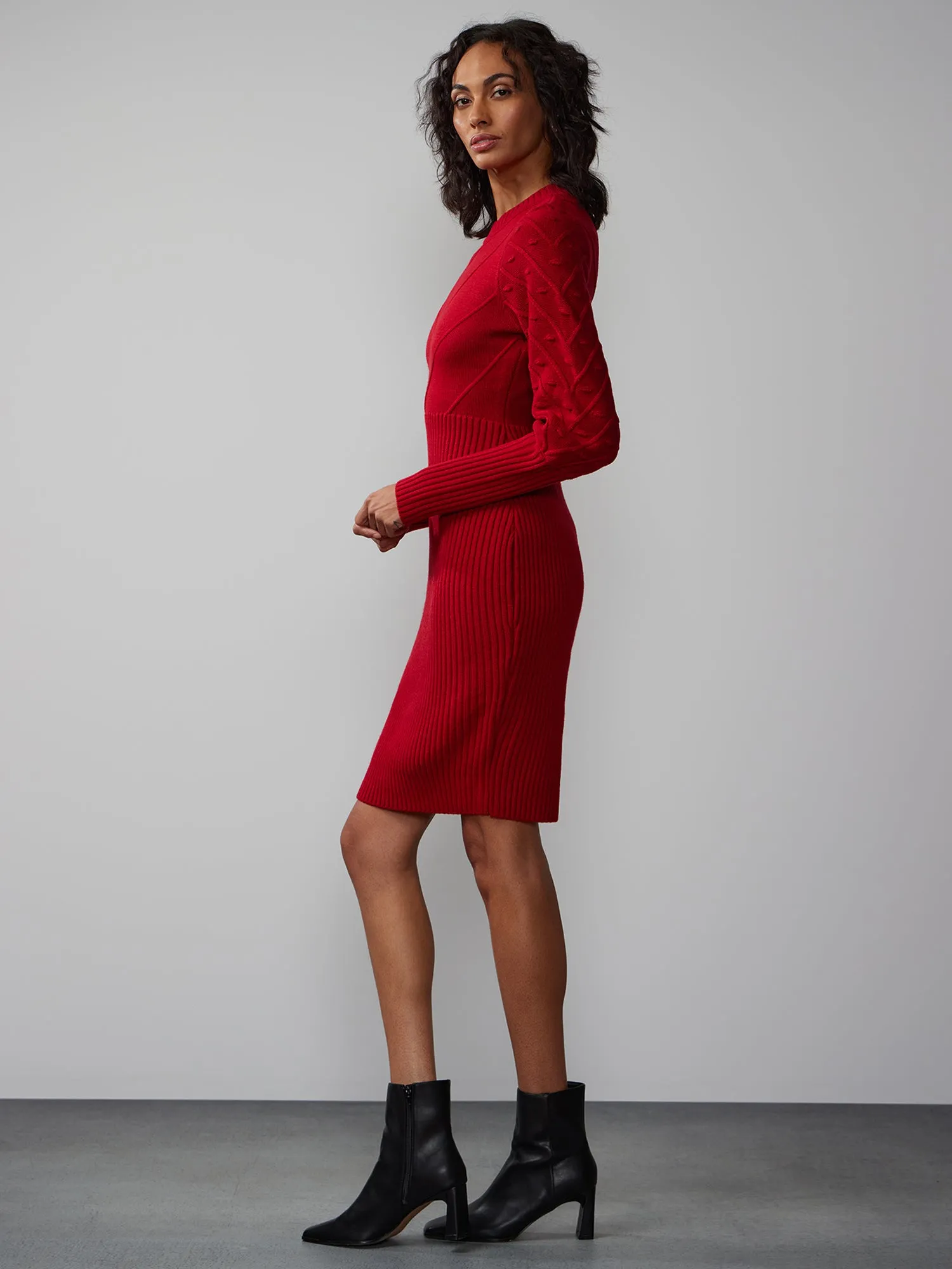 Puff Sleeve Bobble Knit Sweater Dress