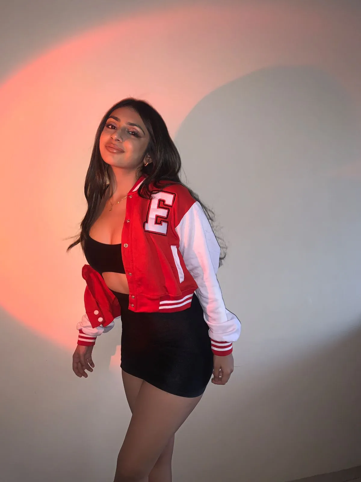 Red crop varsity jacket