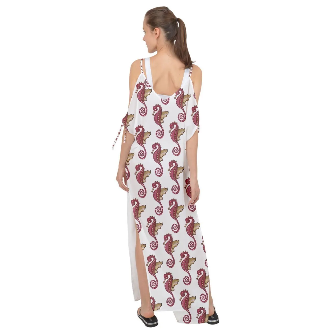 Red Seahorse Pattern Maxi Chiffon Cover Up Dress