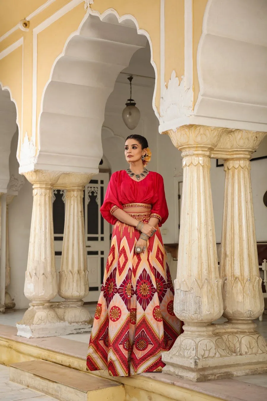 Rose Red Ethnic Skirt with Crop Top