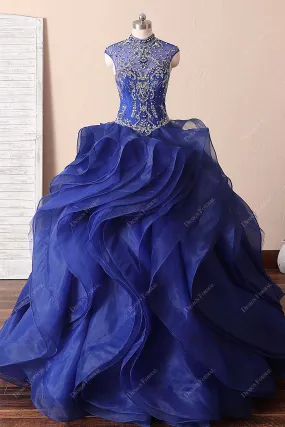 Royal Blue Ruffled Organza Crystal Quince Dress