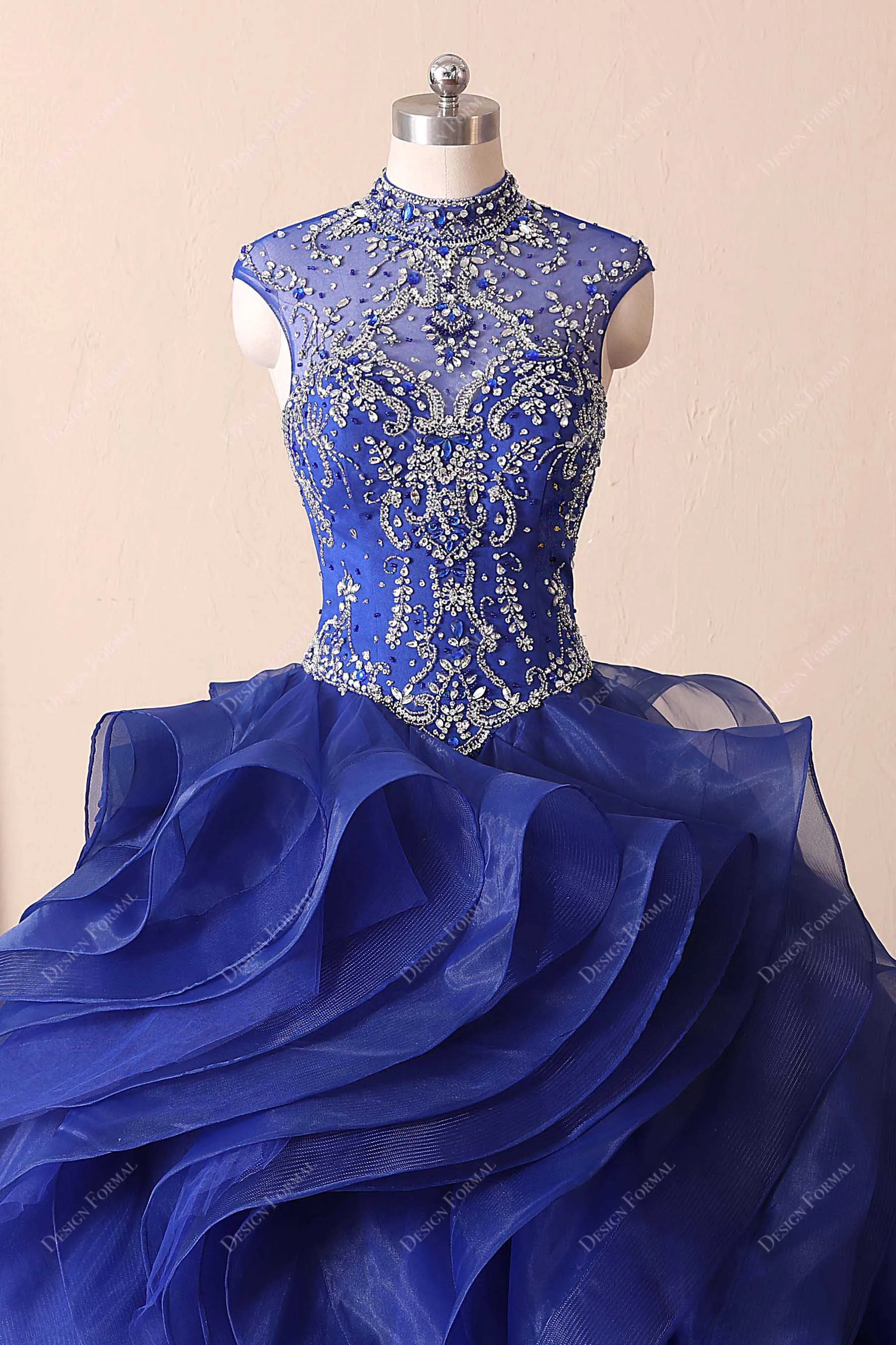 Royal Blue Ruffled Organza Crystal Quince Dress