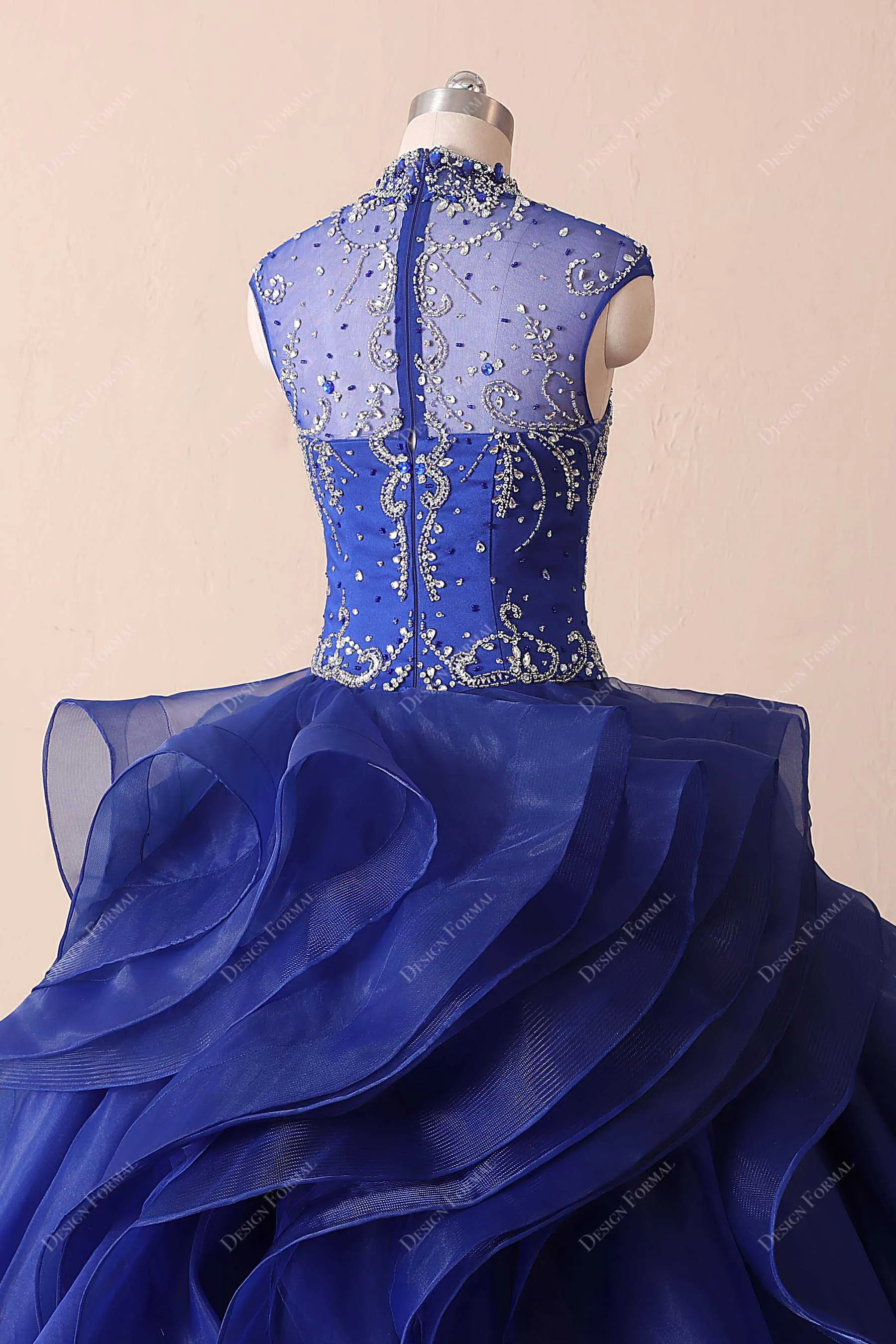 Royal Blue Ruffled Organza Crystal Quince Dress