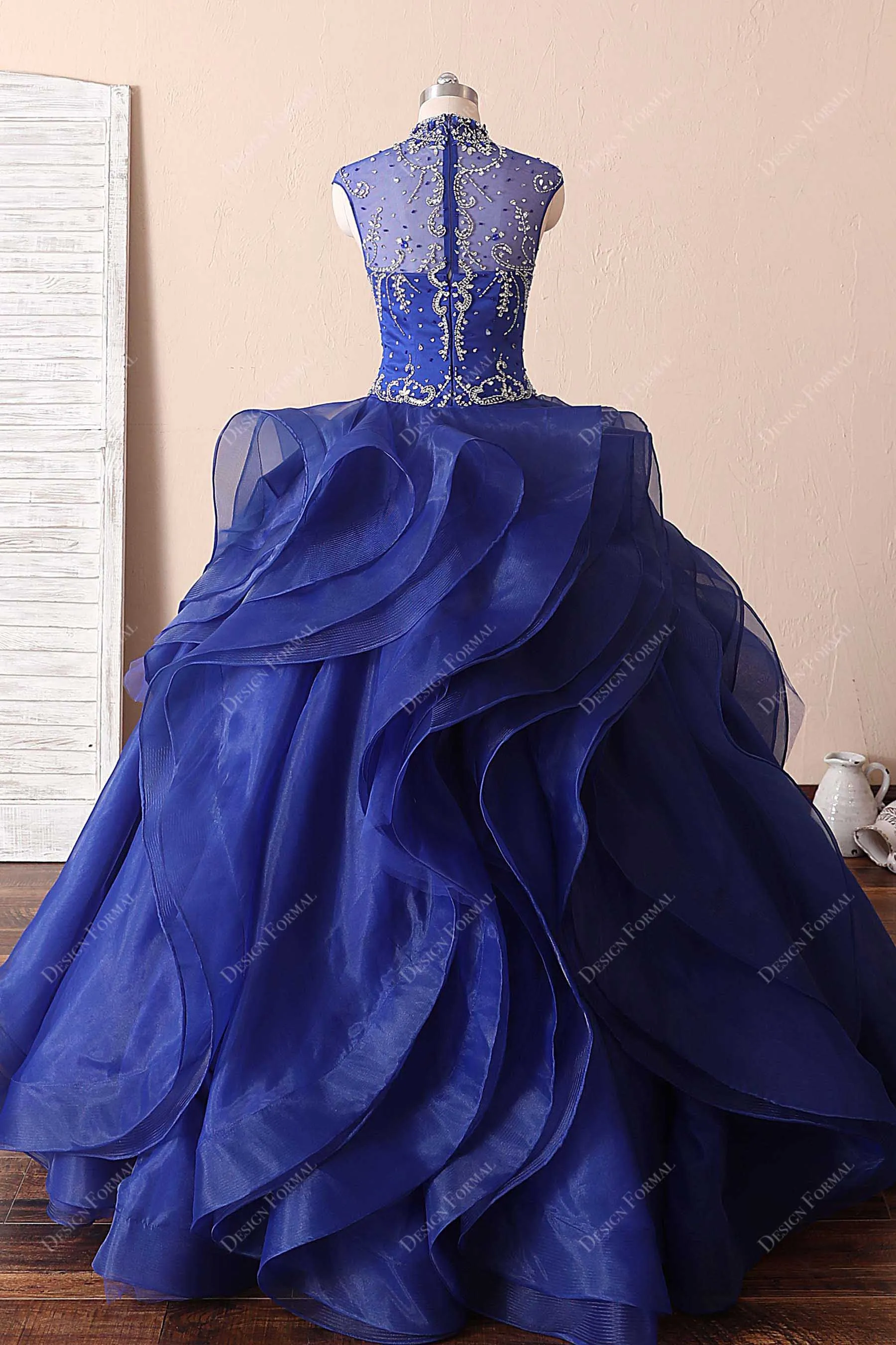 Royal Blue Ruffled Organza Crystal Quince Dress