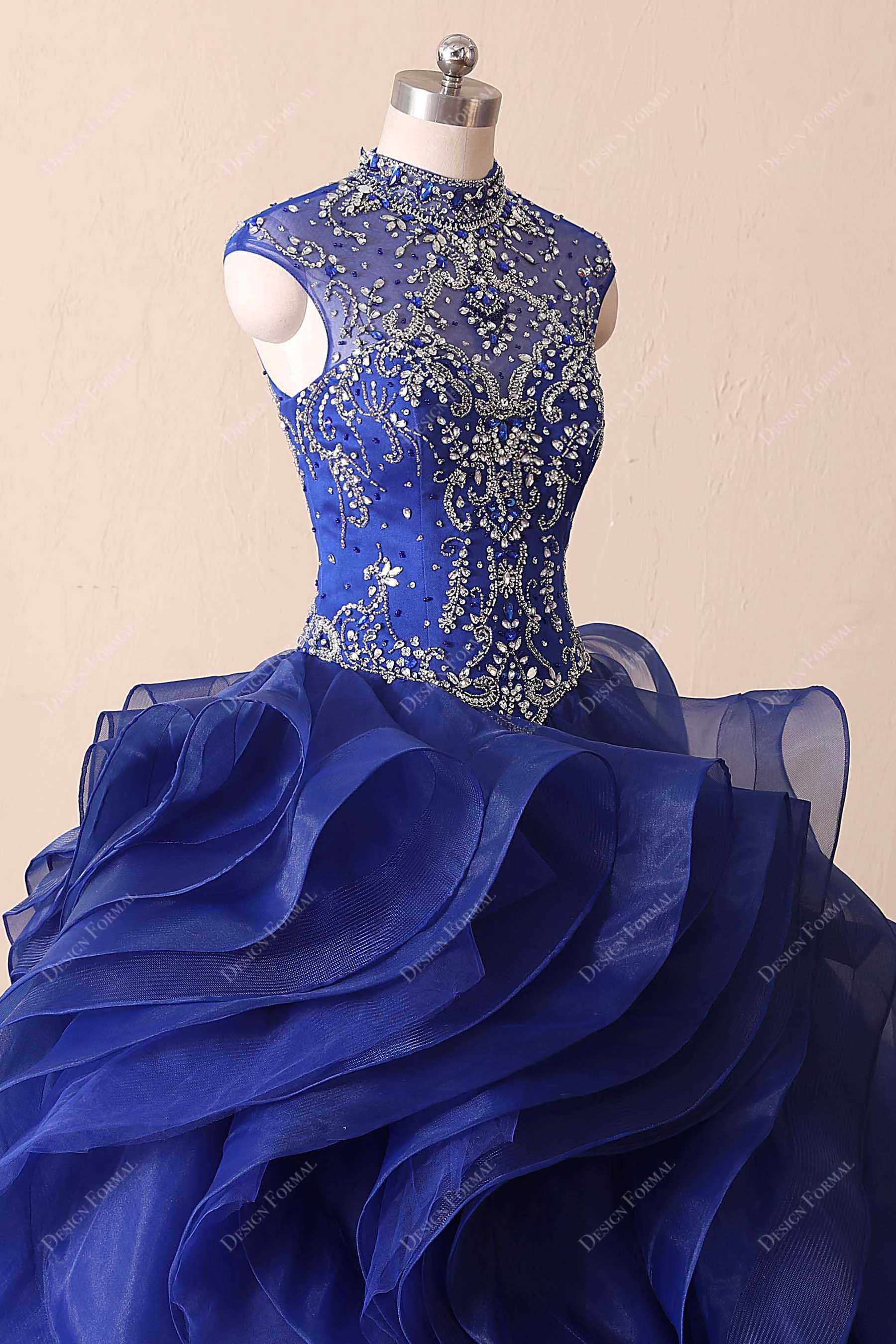 Royal Blue Ruffled Organza Crystal Quince Dress