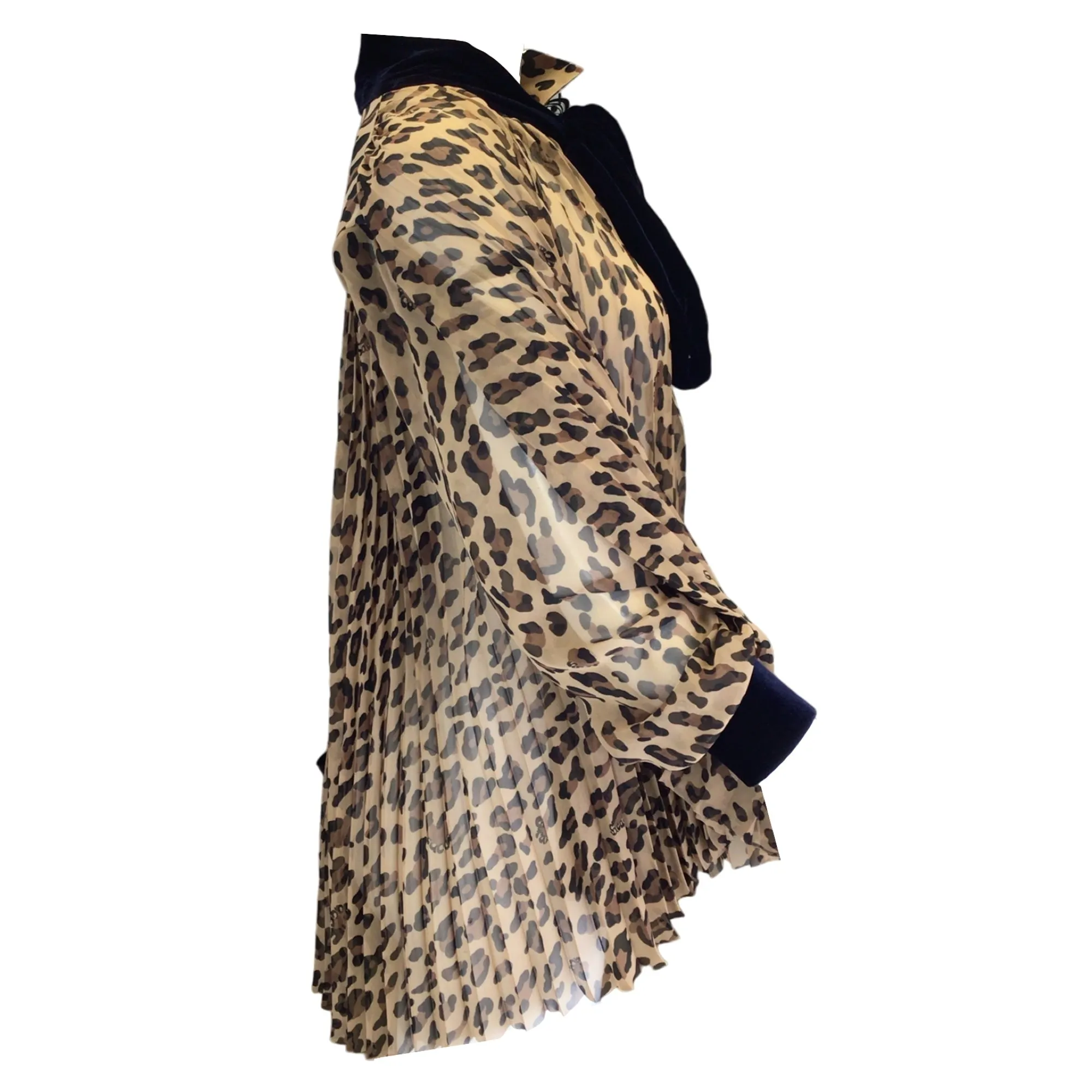 Sacai Tan / Brown / Black / Navy Blue Velvet Tie-Neck Pleated Leopard Printed Satin and Crepe Blouse