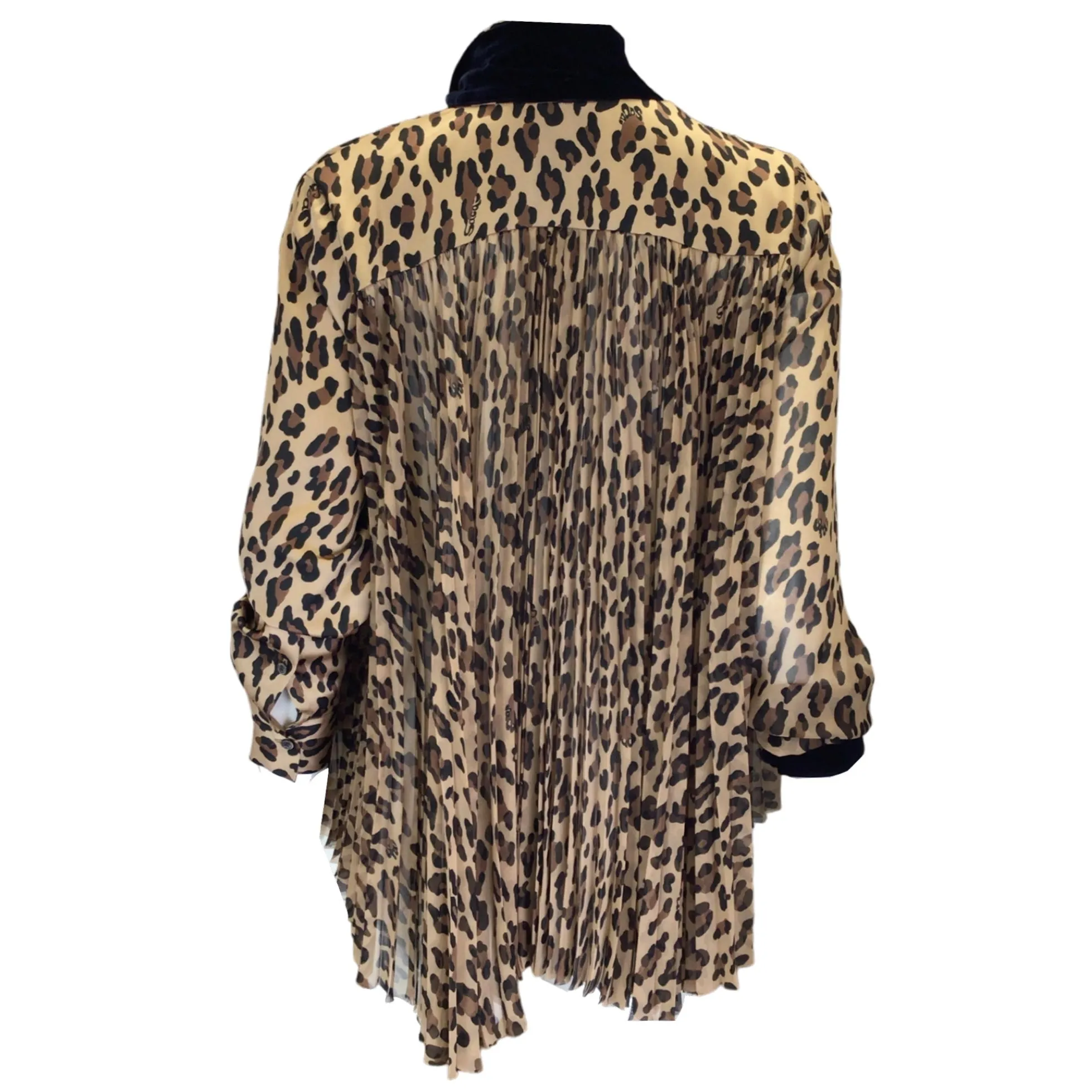 Sacai Tan / Brown / Black / Navy Blue Velvet Tie-Neck Pleated Leopard Printed Satin and Crepe Blouse