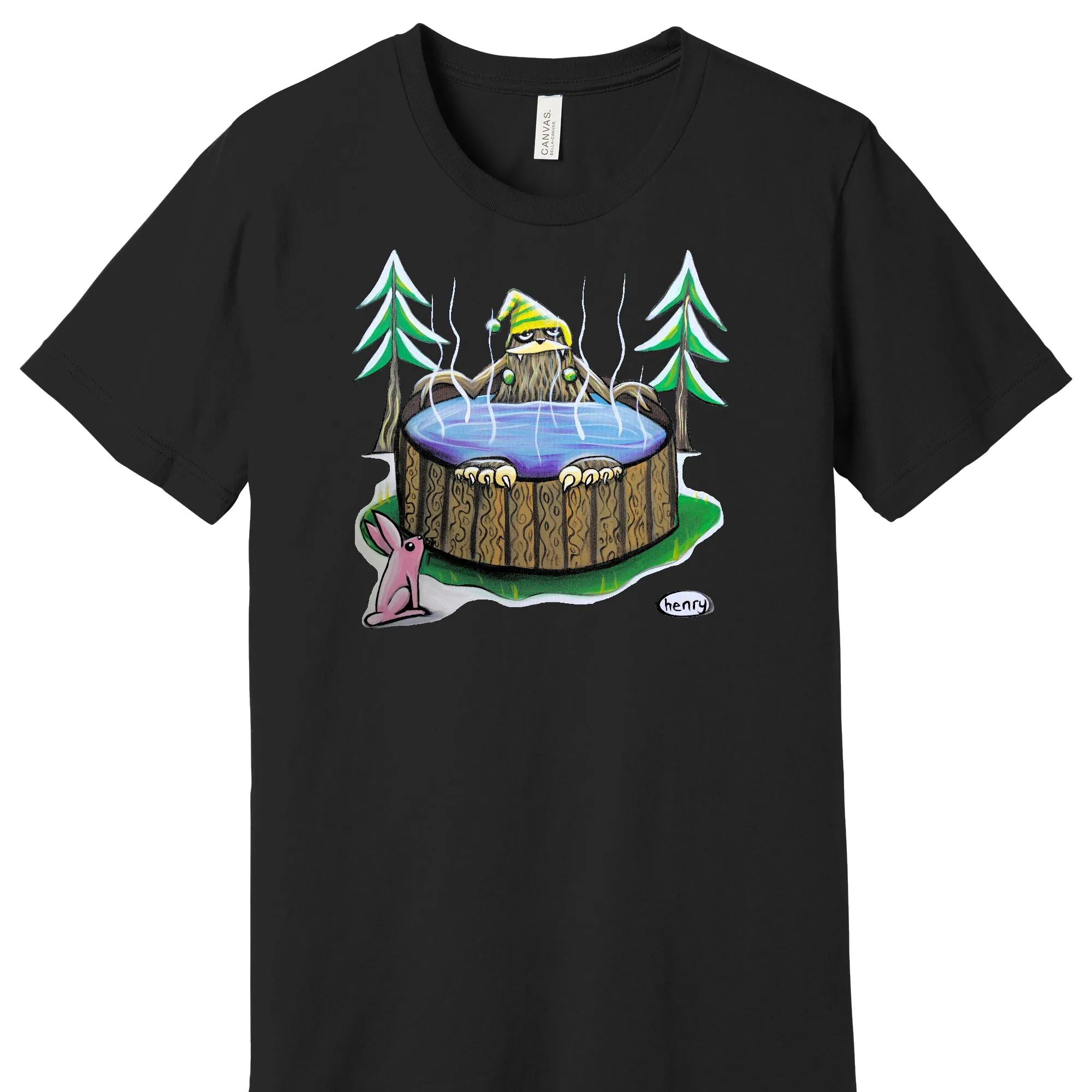 Sasquatch in a Hot Tub Black Unisex T-Shirt | Wearable Art by Seattle Mural Artist Ryan "Henry" Ward