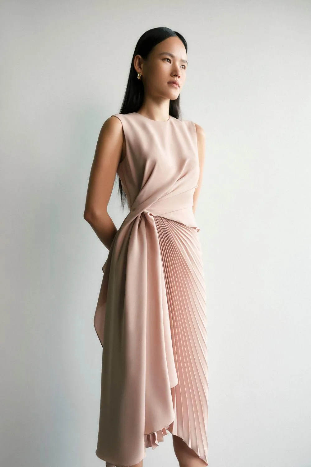 Seashel Sarong Pleated Crepe Midi Dress