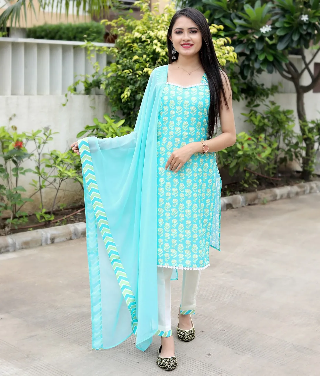 Sky Blue Cotton Fabric Kurta Set with Print Design