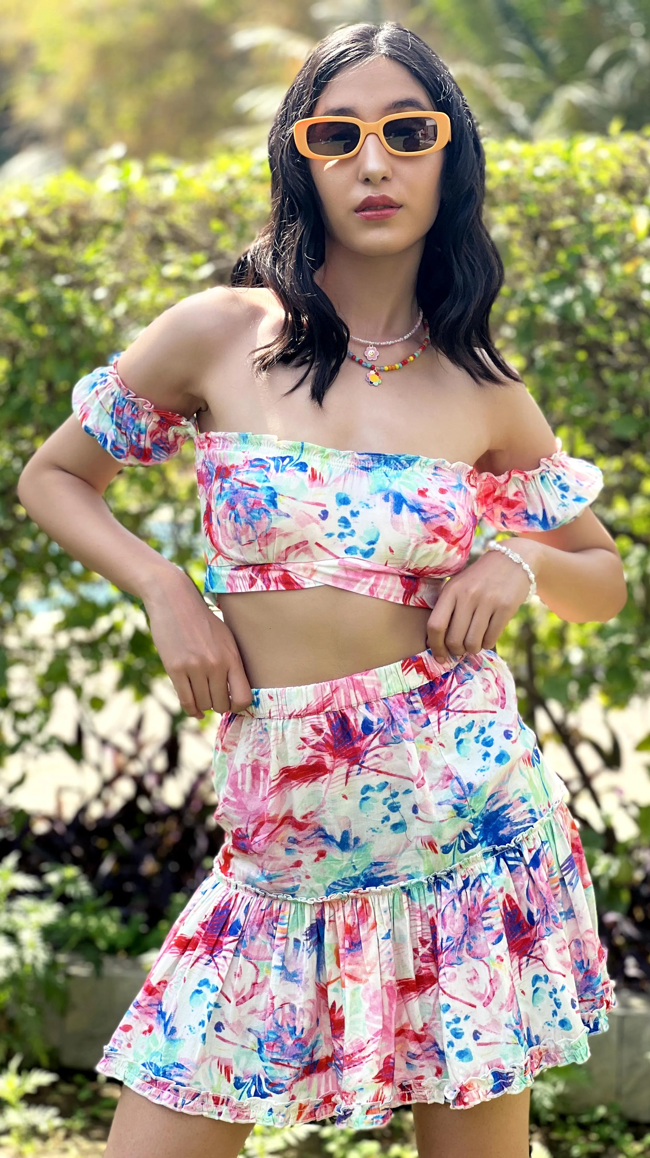 SLAY. Women's Floral Print Off Shoulder Knotted Crop Top & Skirt Co-ord Set