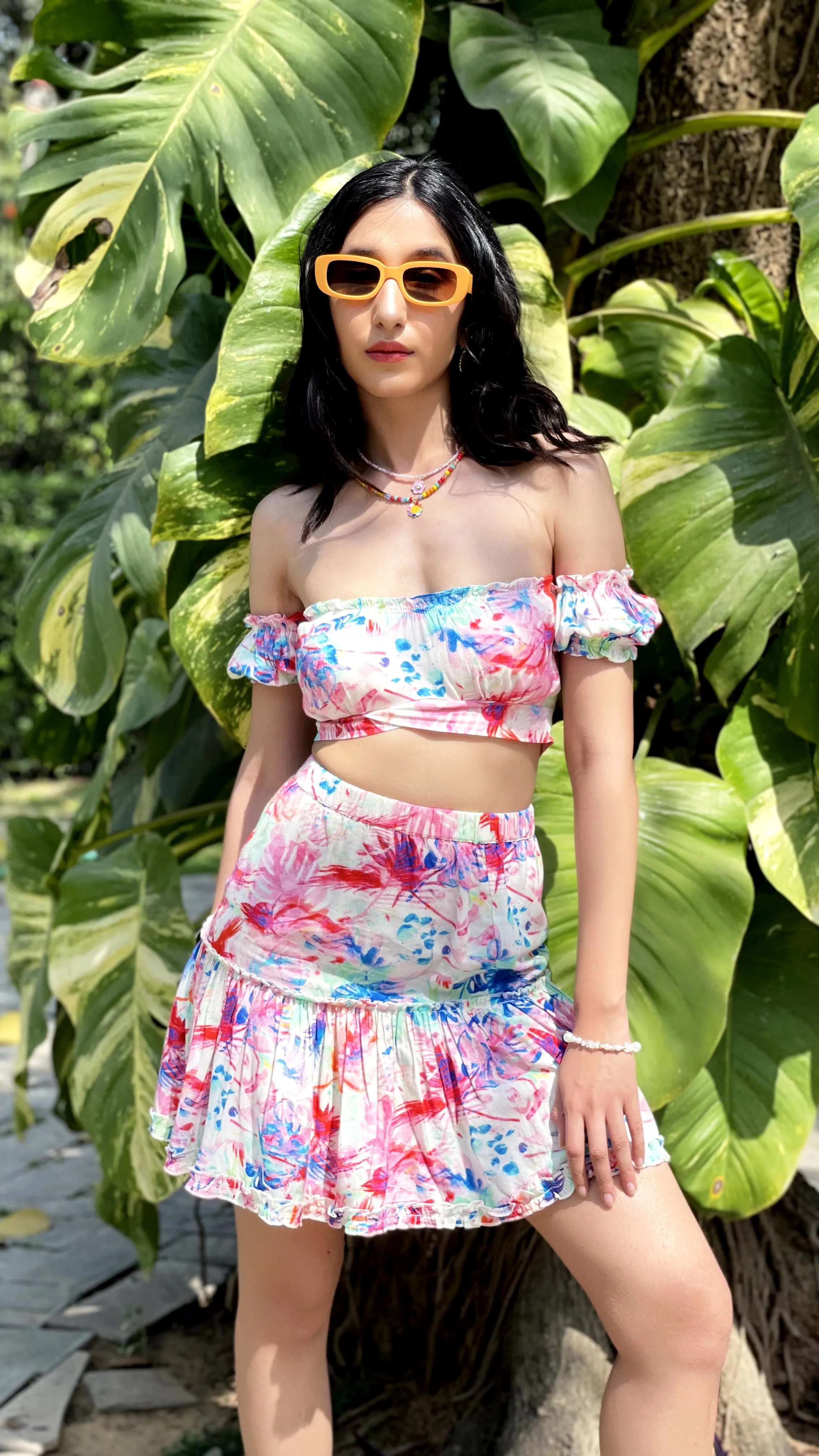 SLAY. Women's Floral Print Off Shoulder Knotted Crop Top & Skirt Co-ord Set