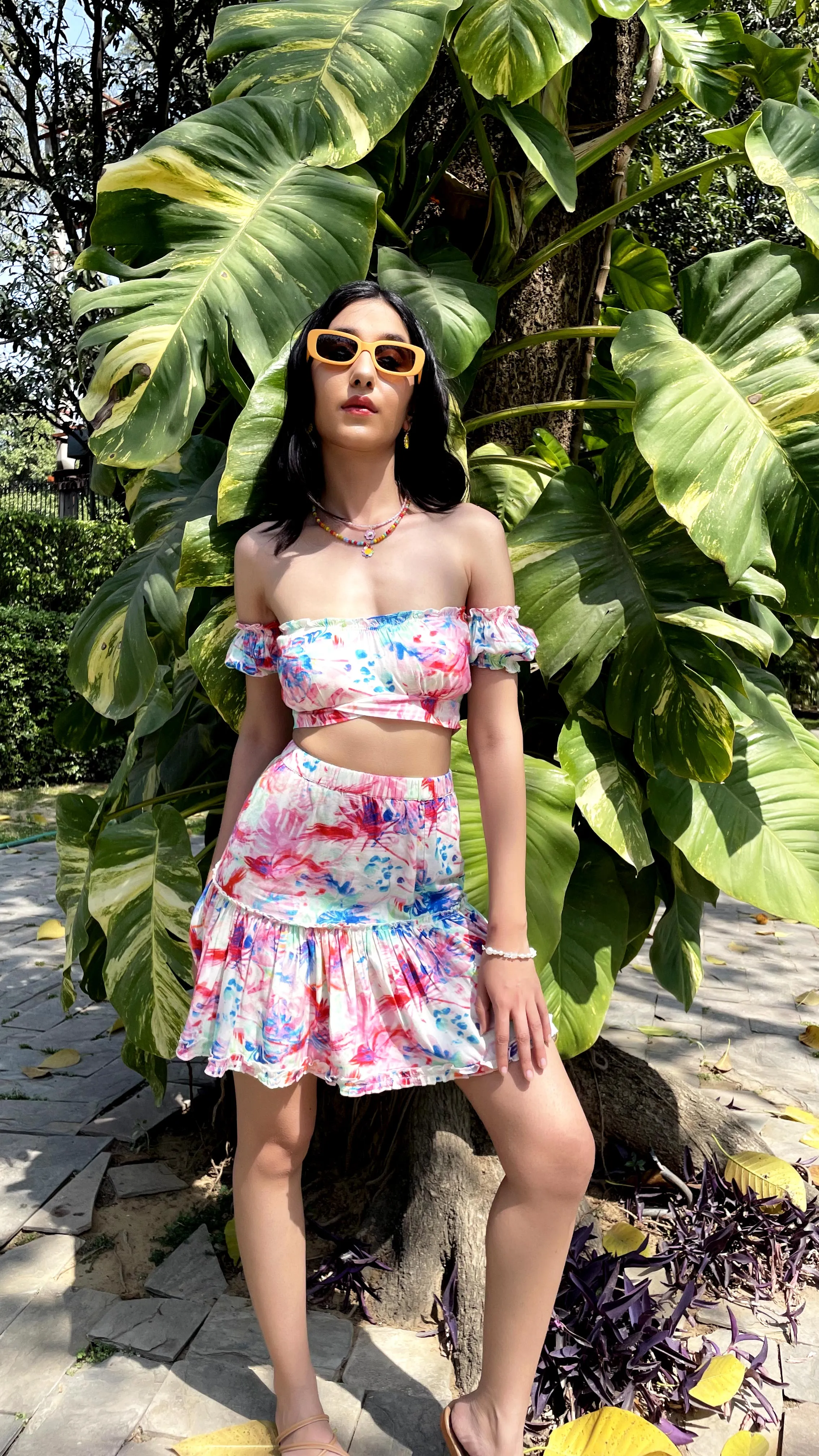 SLAY. Women's Floral Print Off Shoulder Knotted Crop Top & Skirt Co-ord Set