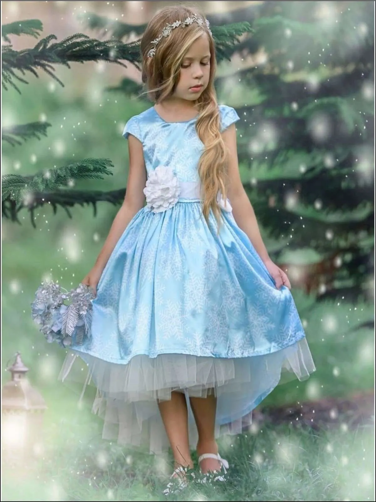 Snowflake Princess Cap Sleeve Hi-Lo  Holiday Dress