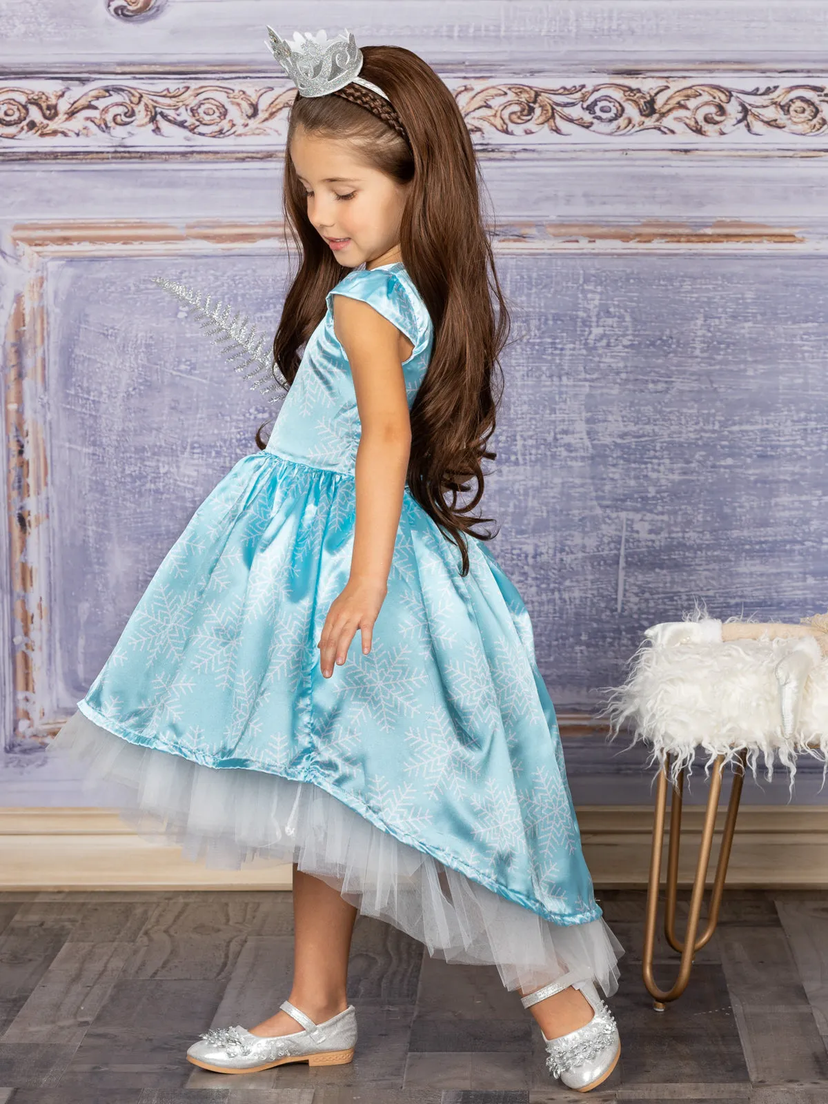 Snowflake Princess Cap Sleeve Hi-Lo  Holiday Dress